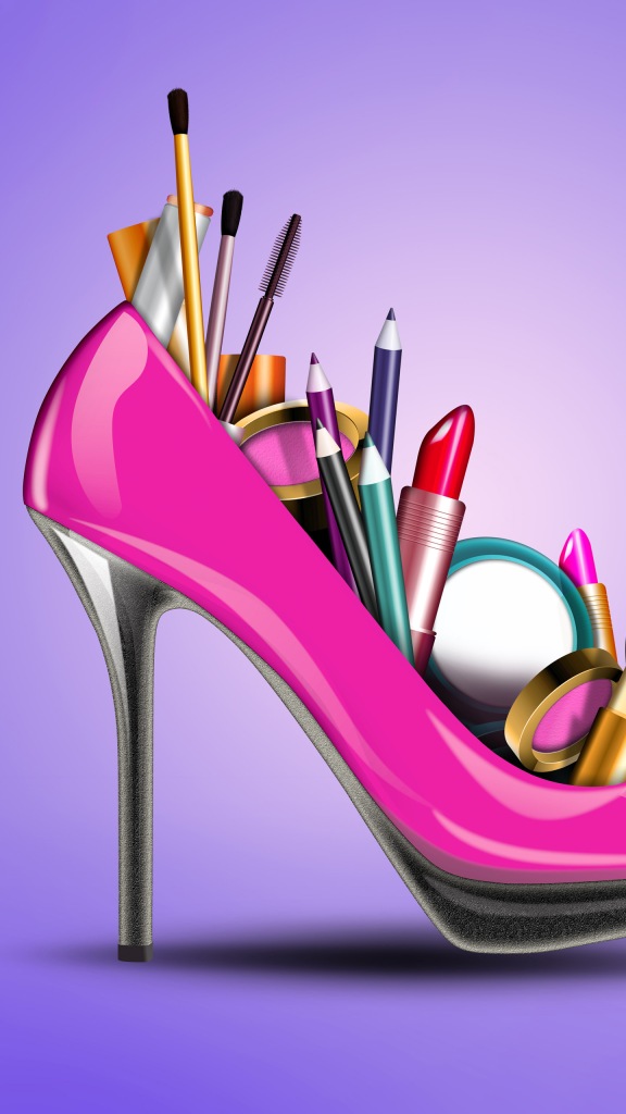 Cosmetics into a woman shoe, concept for fashion and shopping.